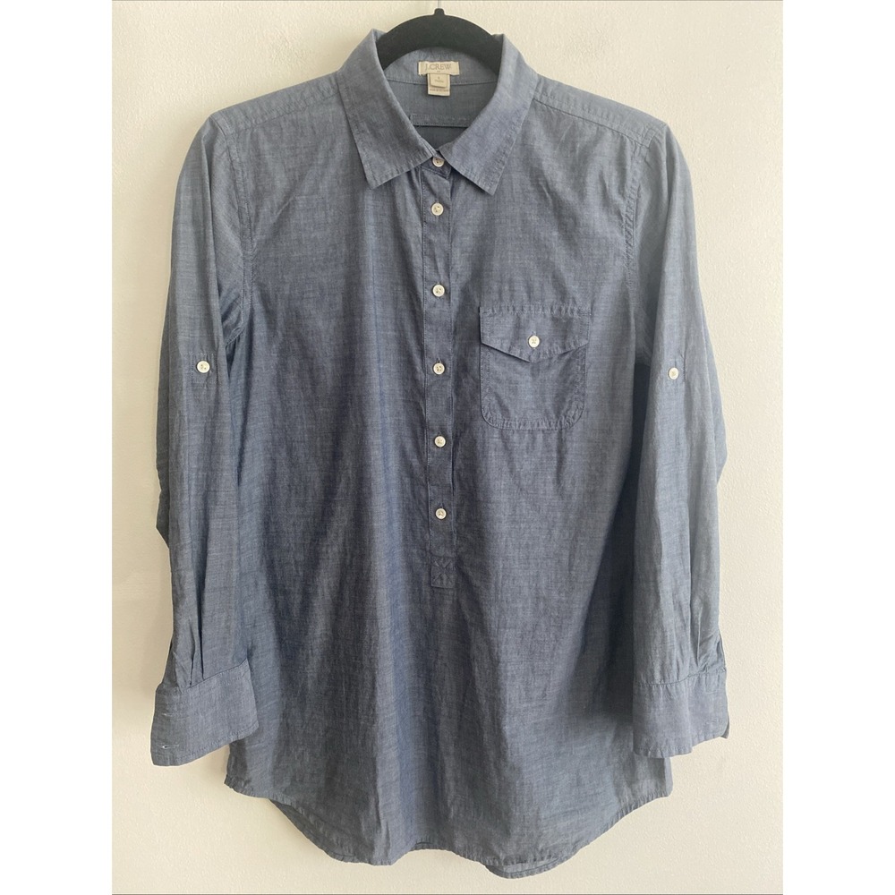 J Crew Chambray Popover Tunic Long Sleeve Blue Collared Pocket Women's Sz Small